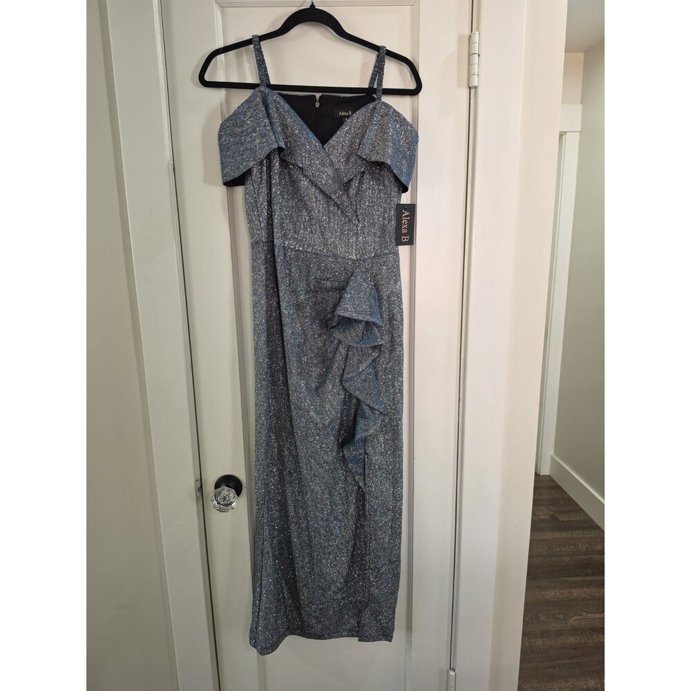 Alexa B Blue Silver Glitter Ruffle Evening Dress V-Neck Cold Shoulder Size 8